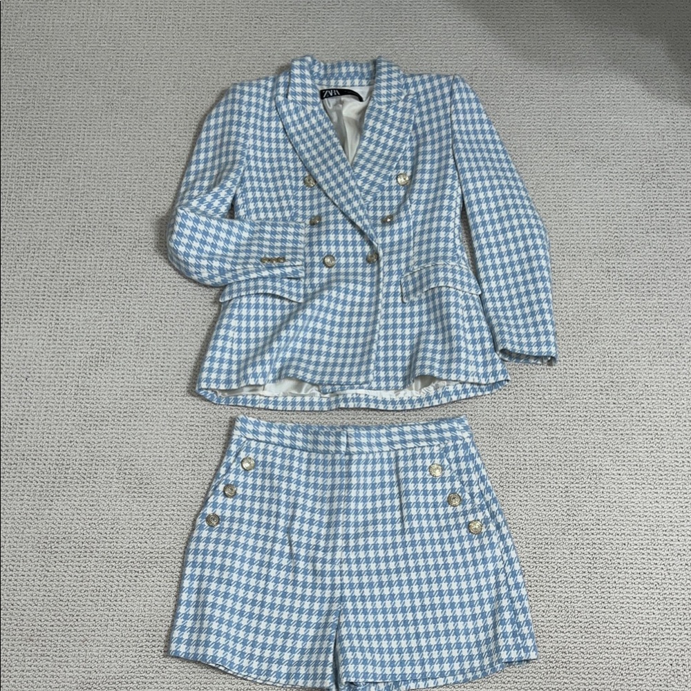Zara Blue and White Plaid Blazer and Shorts Set